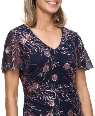 Petite V-Neck Floral Sequin A-Line Dress
