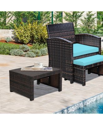 Set of 2 Rattan Ottoman Footrest Footstool Patio Furniture w/ Turquoise Cushion
