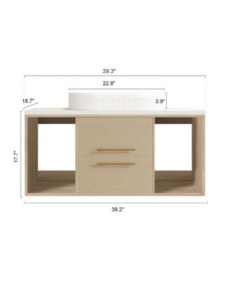 39.3" Modern Wall-Mount Bathroom Vanity with Oval Ceramic Sink, Solid Wood Floating Cabinet & Soft-Close Drawers