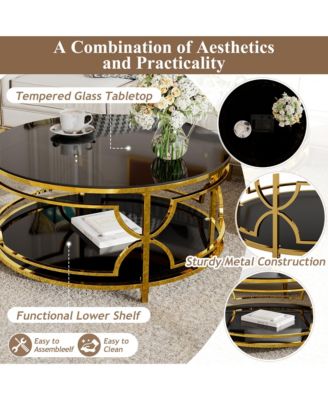 Round Tempered Glass Coffee Table, Modern 2-Tier Center Table, Luxurious Geometric Metal Frame for Living Room