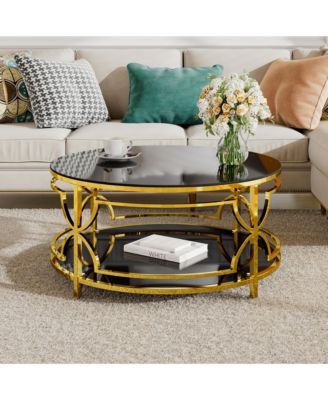 Round Tempered Glass Coffee Table, Modern 2-Tier Center Table, Luxurious Geometric Metal Frame for Living Room