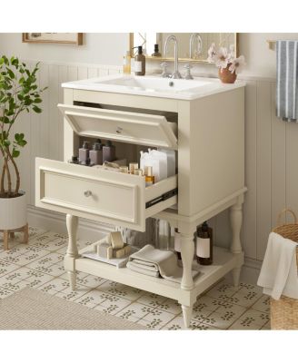 24.4" Retro Freestanding Bathroom Vanity with Sink, Bathroom Storage Cabinet with Open Shelf & Ample Storage Drawers