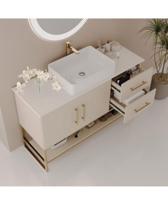 47.2" Bathroom Vanity with Ceramic Vessel Sink, Gold Stainless Steel Frame & Open Shelf, Modern Oak Freestanding Cabinet