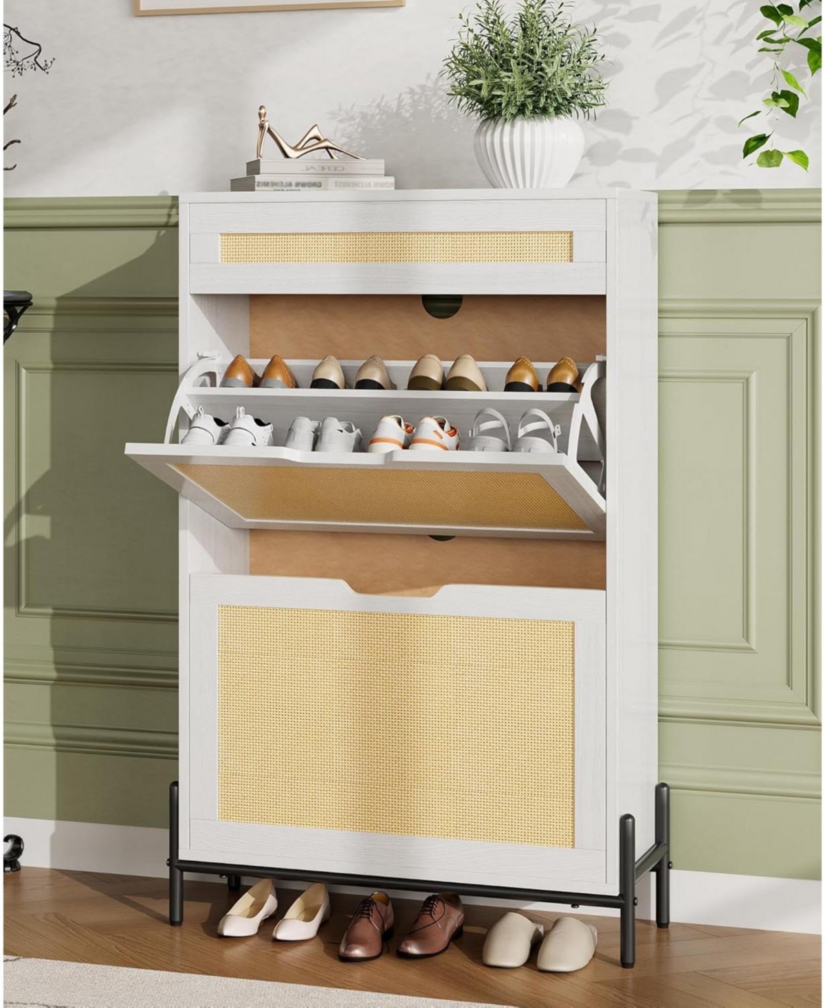 Gaomon Rattan Shoe Cabinet Storage with 2 Flip Drawers & Top Drawer, Freestanding Organizer Wooden Slim Rack Adjustable Shelves