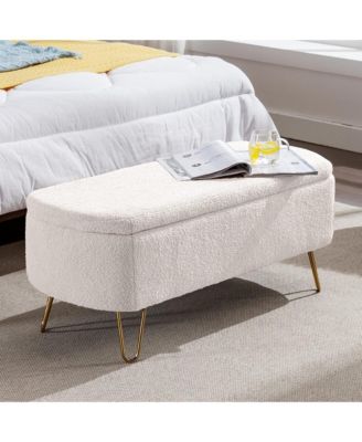 Modern Storage Ottoman Bench - Oval Faux Fur Entryway Bench, End of Bed Bench with Legs for Living Room, Bedroom