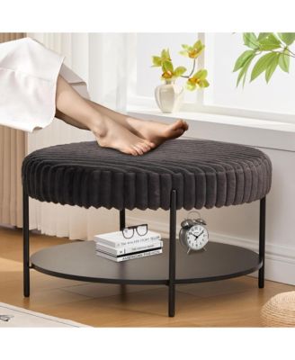 30.9" Wide Upholstered Round Ottoman, Faux Fur Footstool with Wooden Open Storage Shelf and Metal Legs for Living Room