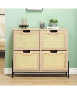 Rattan Shoe Cabinet with 4 Flip Drawers,Hidden Wood Shoe Storage with Adjustable Shelf,Cane Accent Shoe Organizer Rack,Boho Shoe Rack