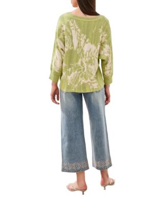 Women's U-Neck Jacquard Three-Quarter-Sleeve Sweater