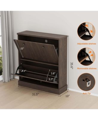 Fluted Shoe Cabinet with 2 Flip Drawers, Hidden Wooden Shoe Cabinet with Adjustable Shelf, Freestanding Shoe Storage Cabinet