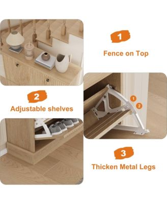 Fluted Shoe Cabinet with 2 Flip Drawers, Hidden Wooden Shoe Cabinet with Adjustable Shelf, Freestanding Shoe Storage Cabinet