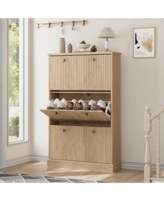 Fluted Shoe Cabinet Storage with 3 Flip Drawers, Wooden Fluted Narrow Shoe Organizer with Adjustable and Removable Shelves