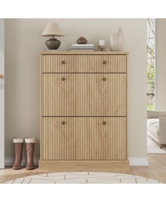 Fluted Shoe Storage Cabinet with 2 Flip Drawers and Top Drawer, 42" Tall Narrow Shoe Organizer, Curved Profile Design