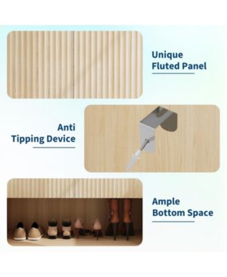 2 Fluted Doors with 5 Tier Shoe Cabinet, Freestanding Entryway Storage Cabinet with Adjustable Shelves for Living Room, Hallway, Porch, Oak