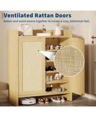 Rattan Shoe Cabinet with Doors, 41" Wooden Storage Rack with Adjustable Shelves and Doors, Perfect for Entryway, Hallway, Living Room