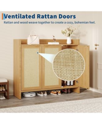 Rattan Shoe Cabinet for Entryway, Wooden Shoe Rack Freestanding Storage Cabinet with Adjustable Shelves for Living Room Hallway