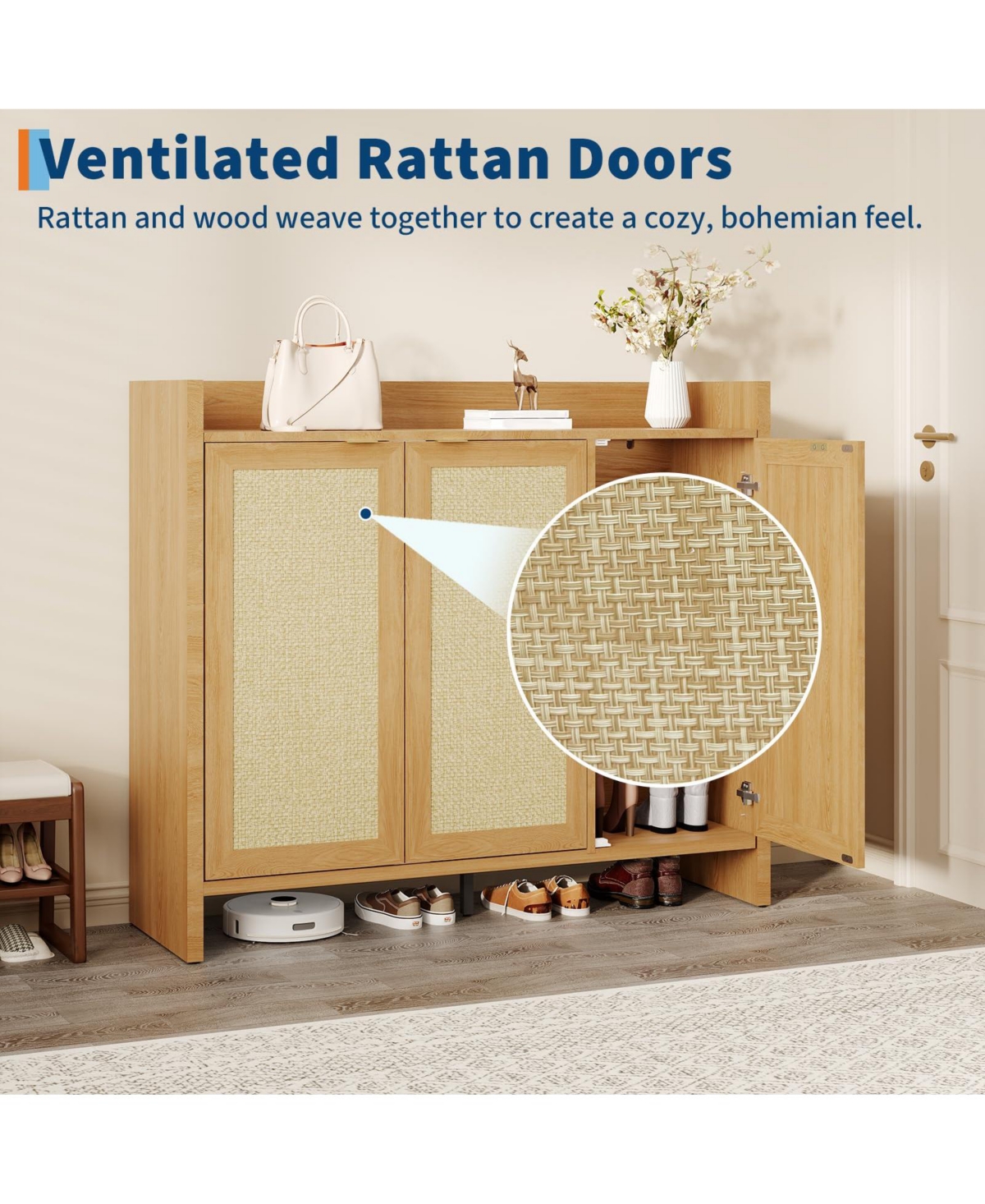 Homfan Rattan Shoe Cabinet for Entryway, Wooden Rack Freestanding Storage with Adjustable Shelves Living Room Hallway