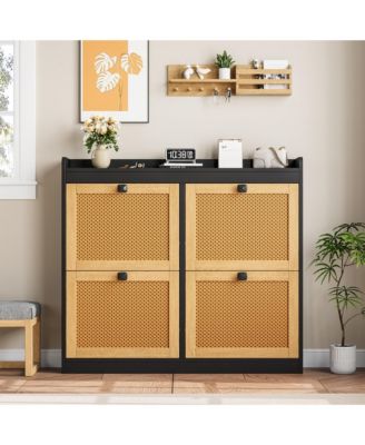 2Pcs Shoe Cabinet Rattan with 4 Flip Drawers, Wooden Freestanding Shoe Organizer with Adjustable Shelves, Shoe Storage for Entryway