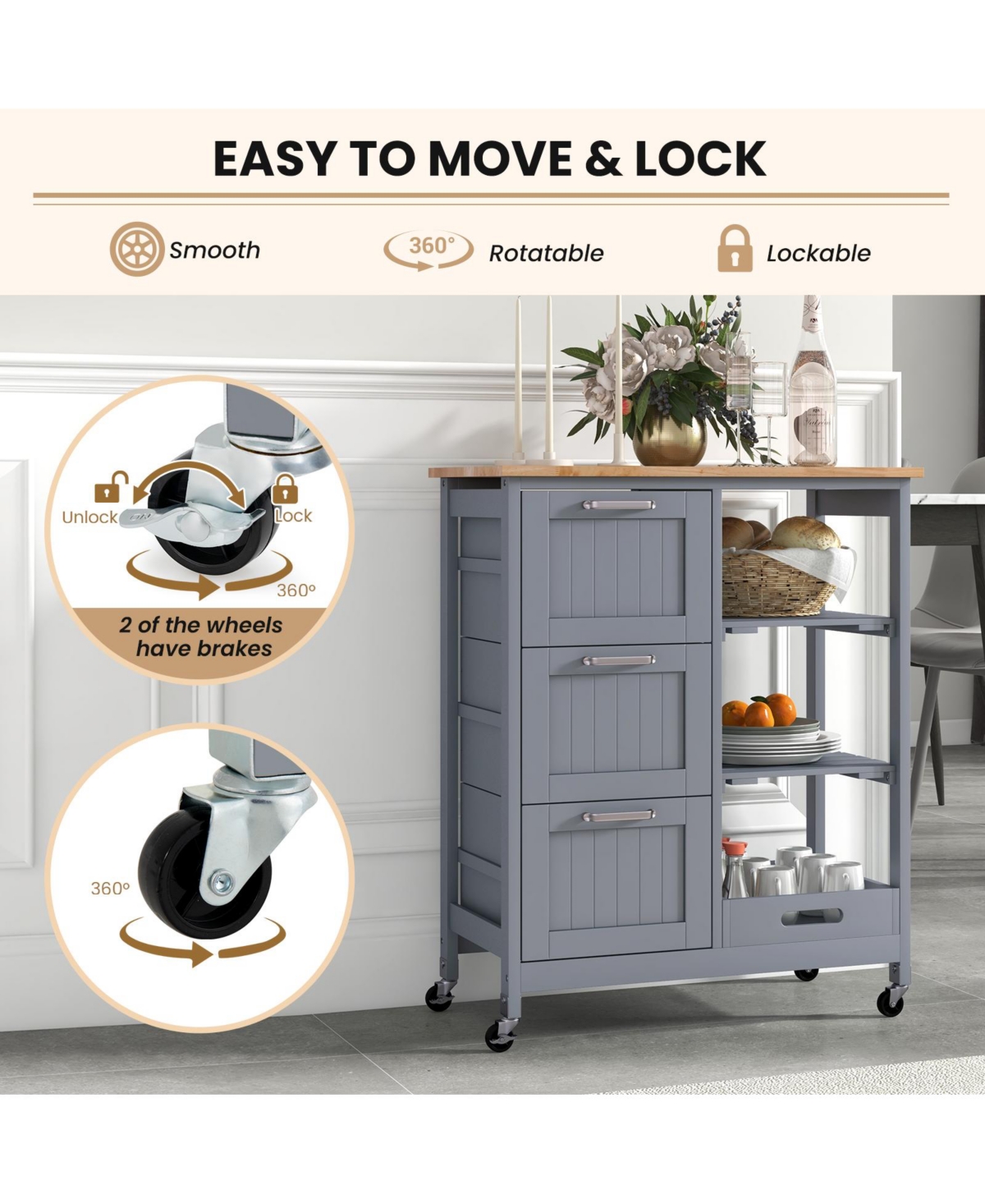 Sugift Kitchen Island Cart with Wood Top Drawers and Removable Tray
