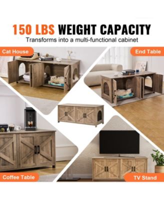 Zeus and Ruta Wooden Cat Litter Box Enclosure Hidden 2 Rooms Modern Litter Box Furniture Greige