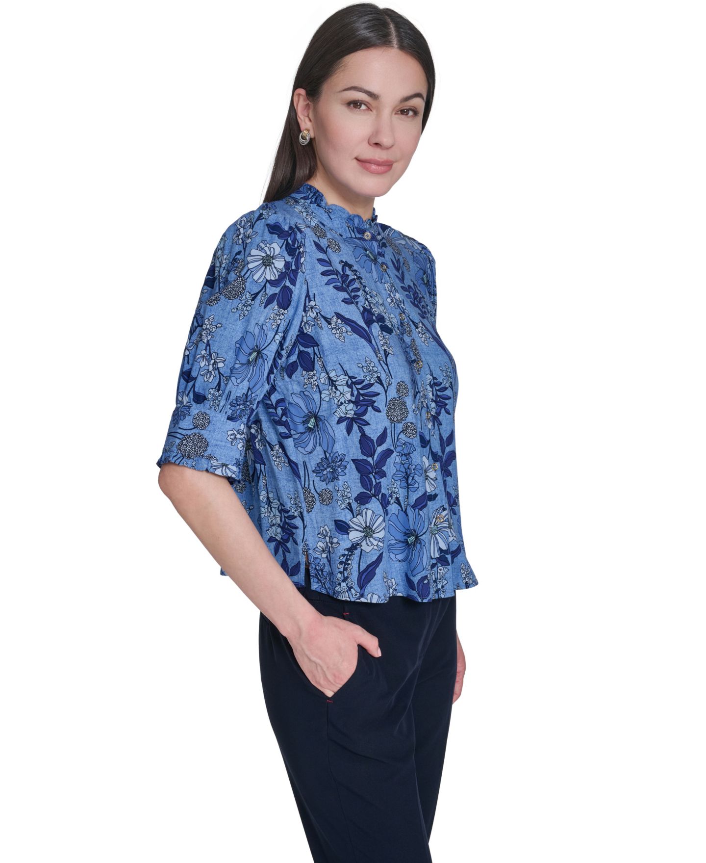 Женская блузка Tommy Hilfiger Floral Print Elbow-Sleeve Blouse, цвет: Синий разноцветный — фото 3