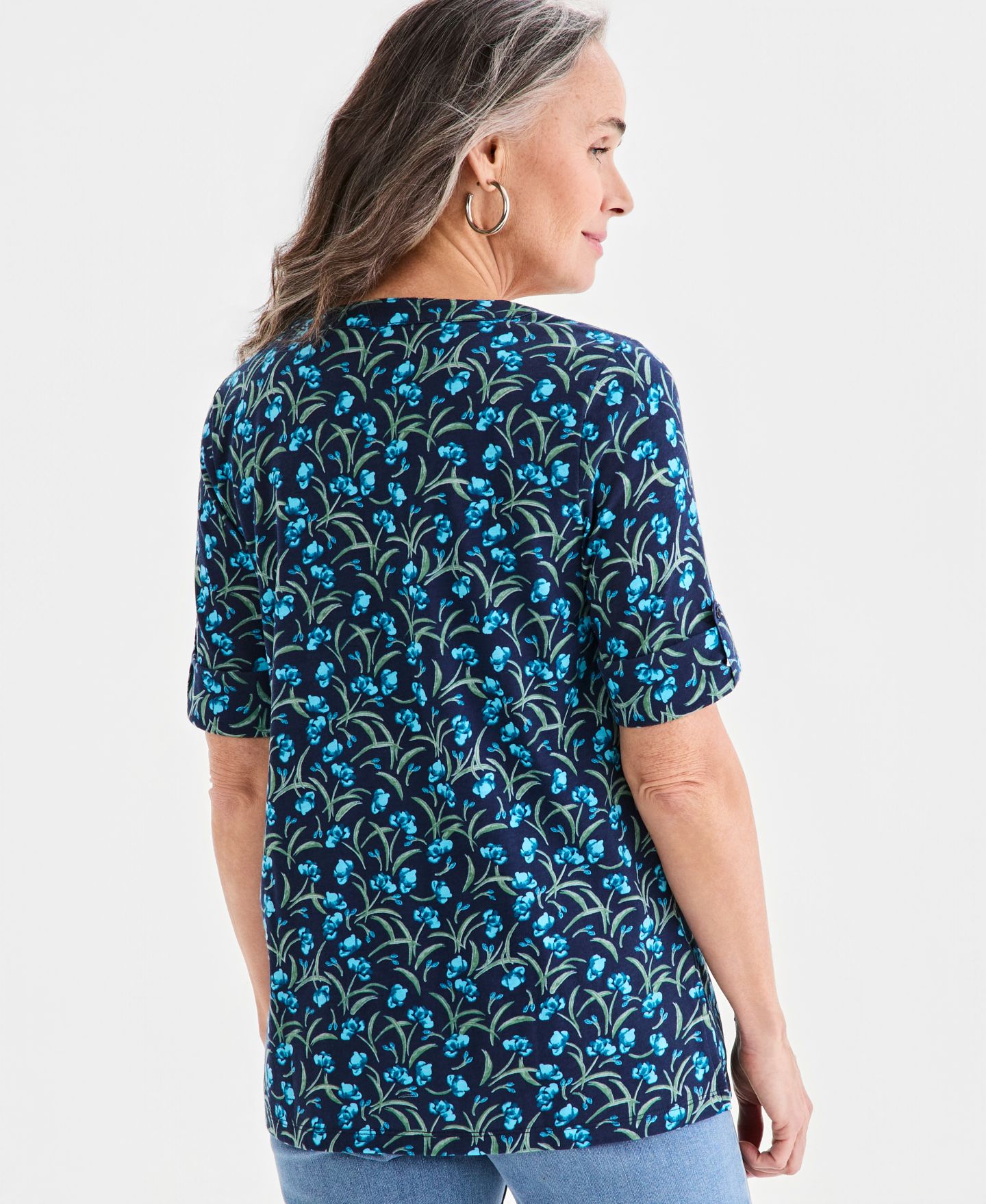 Женский топ Style & Co Printed Split-Neck Elbow-Sleeve Tunic, цвет: Синий — фото 2