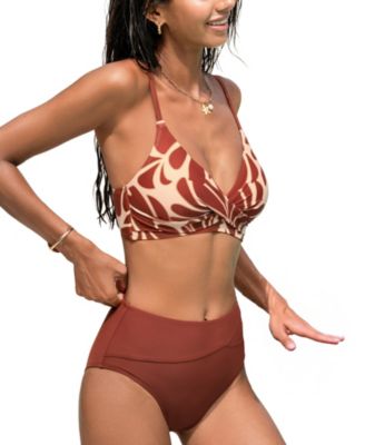 Women's High Waisted V Neck Twist Front Bikini Sets