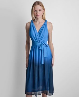 Women's Sleeveless Faux Wrap Surplice Neck Ombre Midi Dress