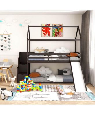 Loft Bed w/ Slide and Storage Staircase Twin Over Twin House-shaped Bunk Bed
