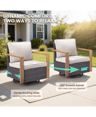 5-piece patio set with 4 swivel rattan chairs, thick cushions, and a 30-inch propane fire pit table for cozy outdoor gatherings.