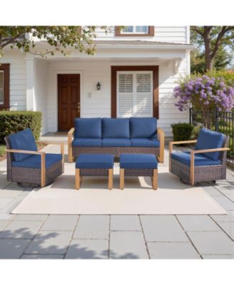 5 Pieces Patio Furniture Set with Swivel Chairs, High Back Wicker Rattan Sofa with Thick Cushion and Ottoman, Outdoor Conversation Set