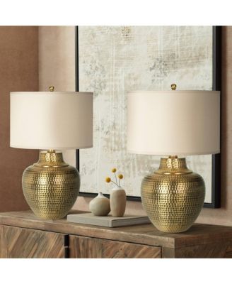 Rustic Farmhouse Table Lamps 27" Tall Set of 2 Antique Brass Hammered Metal Cream Linen Drum Shade for Bedroom House