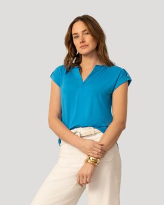 Women's Split Neck Sleeve Tab Top