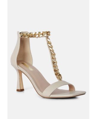 Womens Real Gem T Strap Chain Detail Sandals