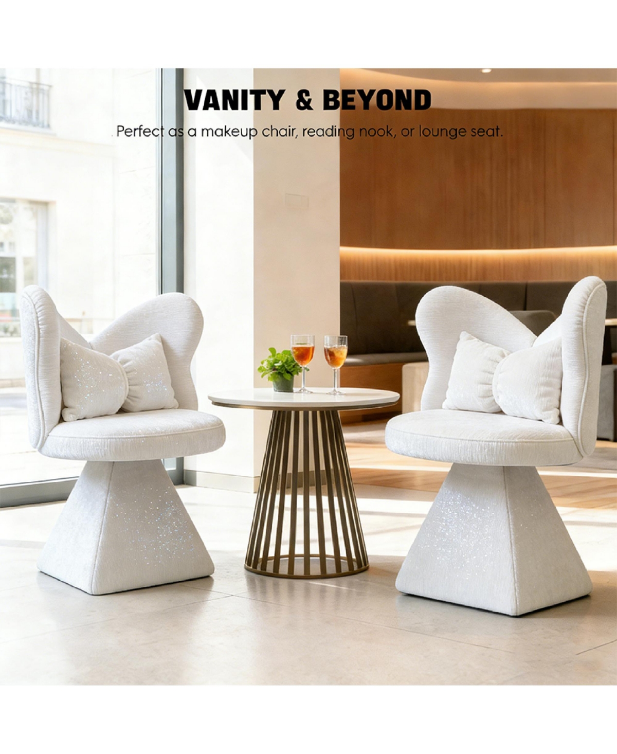 Rainsken Accent Chair with Butterfly Back, 360° Swivel Vanity Chair, Chenille Makeup Chairs with Sturdy Pyramid Base for Living Room