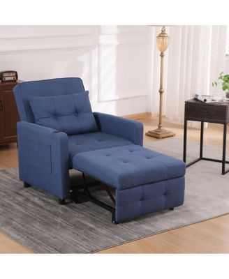 Single Sleeper Chair with USB Port and Cup Holder, Linen Pull Out Armchair Bed with Adjustable Backrest for Guest Room or Office