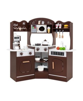Corner Wooden Play Kitchen with Coffee Machine and Slide for Kids.