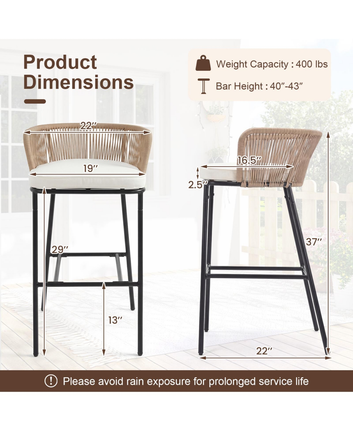 Gymax Outdoor Bar Stools Set of 4 w/Cushions and Backrests for Balcony Garden Poolside