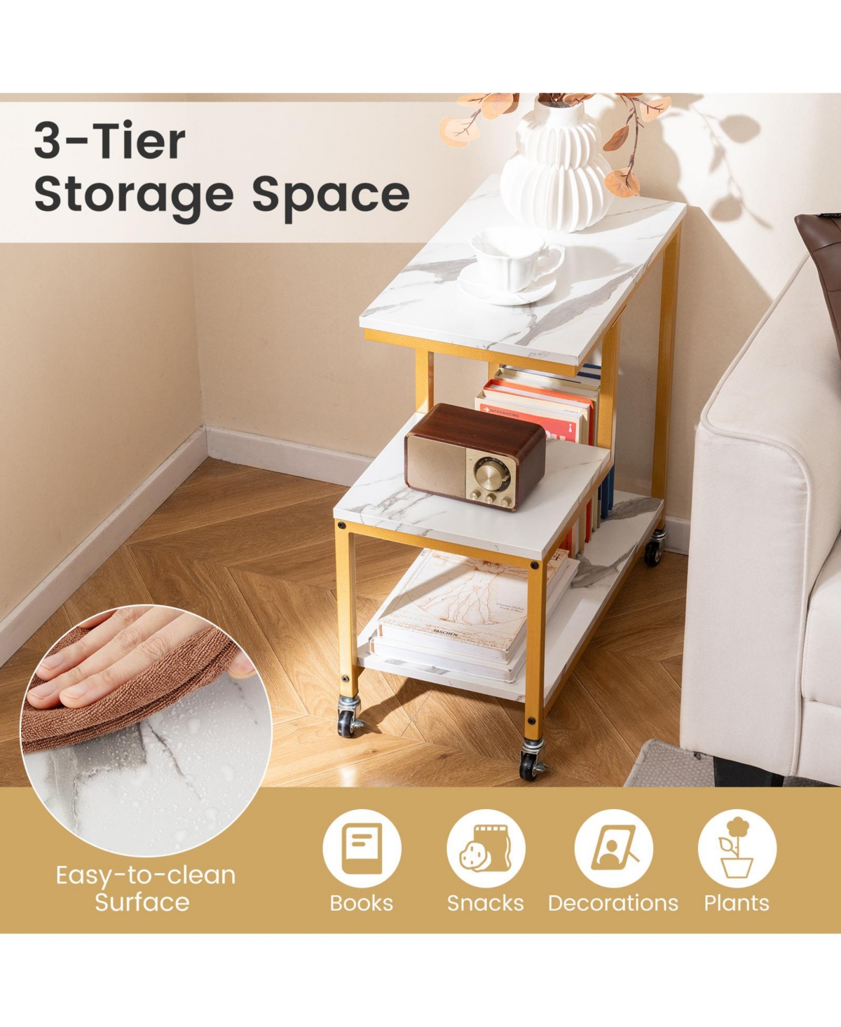 Sugift G Shaped Three Tier Mobile End Table with Open Shelves