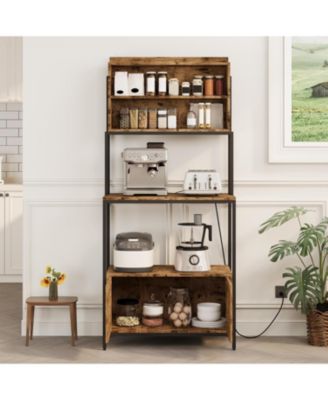 67.7'' baker s rack with power outlet, 5 tier farmhouse microwave stand with shelves and cabinet, rustic kitchen storage rack, easy assembly.