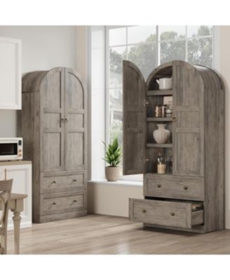 72" Tall Arched Kitchen Pantry Cabinet  Farmhouse Wooden Storage Cabinet with 2 Drawers & Wood Doors Freestanding Buffet Sideboard