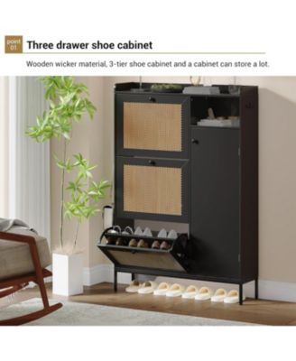 Rattan Shoe Cabinet Storage Flip Drawers Top Hooks Doors Adjustable Shelves Tall Thin Closet Organizer