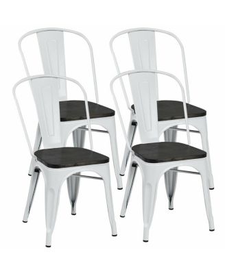 Tolix Style Metal Dining Chairs Set of Four with Wood Seats