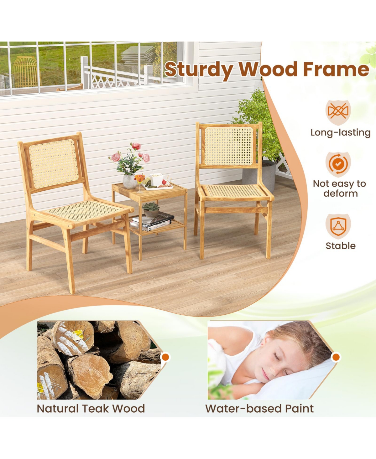 Sugift Rattan Dining Chair with Cane Backrest and Wood Frame