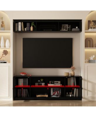 TV stand with top cabinets, entertainment center with tempered glass doors, wooden media console