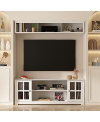 TV stand with top cabinets, entertainment center with tempered glass doors, wooden media console
