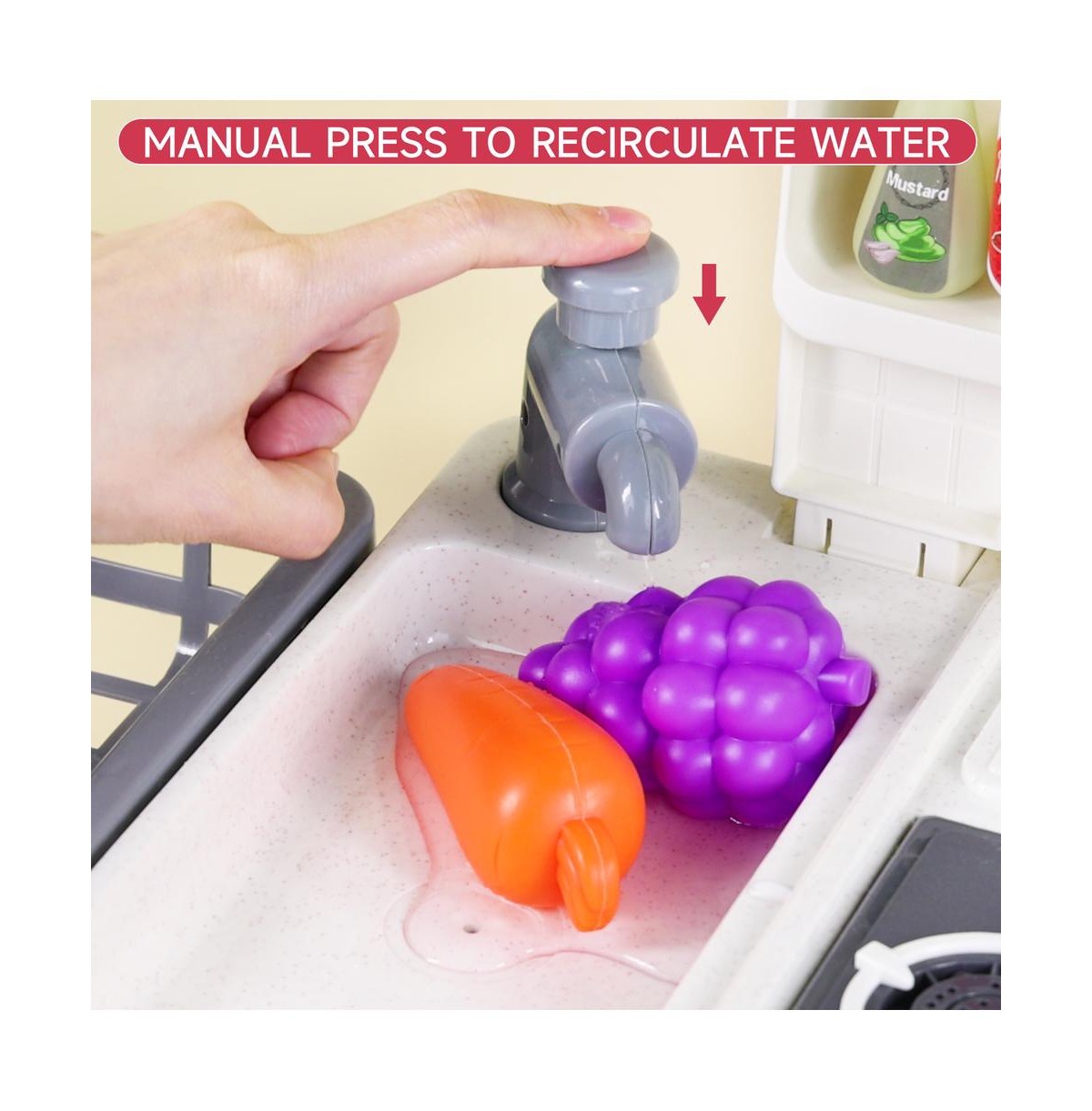 Bruce & Shark 52-Piece Kitchen Playset with Realistic Water Spray and Light-Up Sound Stove