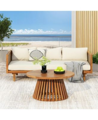 Weather Resistant Wicker Patio Conversation Set with Acacia Wood Coffee Table Water Resistant Thick Beige Cushions for Garden Patio Deck