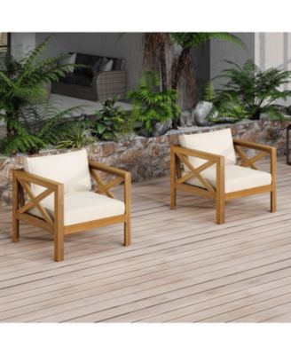 2 Piece Outdoor Acacia Wood Conversation Set with Armchairs Cushions Foldable Teak Finish Side Table for Patio Backyard