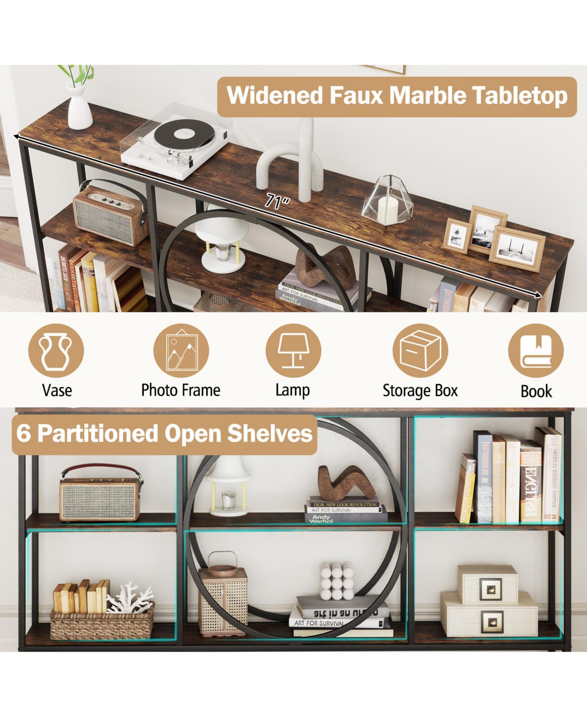Sugift Three Tier Console Table with Faux Marble Top and Shelves
