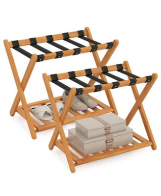 Set of Two Folding Luggage Racks with Straps and Shelf